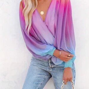 SHEIN Pink and Purple Wrap Blouse with Long Sleeves